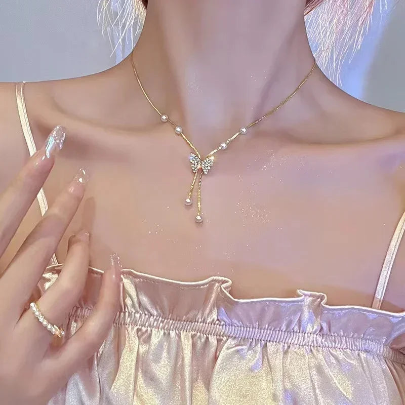Gold Color Stainless Steel Water Drop Tassel Pendant Necklace for Women Clavicle Chain Paty Jewelry
