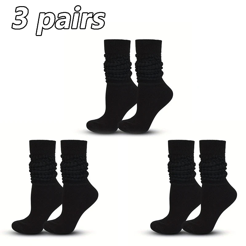 3 Pairs Women Pile Up Socks Fashionable Trendy Versatile White Solid Color