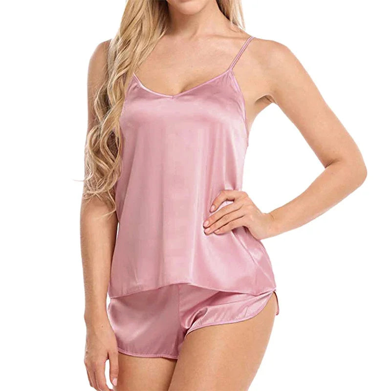 Women Sexy Ice Silky Pajamas Fashion Sleepwear Camisole and Shorts Black Gray Comfortable Casual Summer