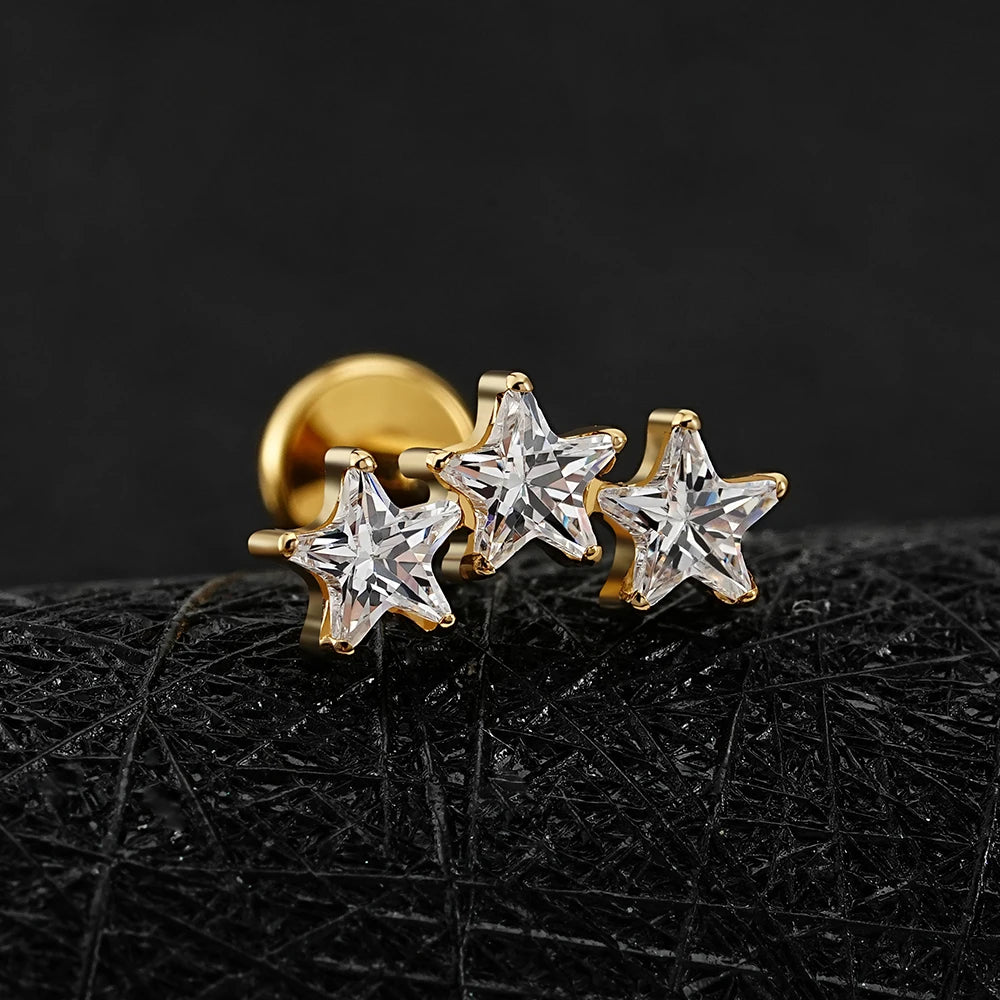 Right Grand ASTM F136 Titanium Triple Star Cluster Cartilage Earring 16G Flat Back Labret Stud Tragus Helix Piercing Jewelry