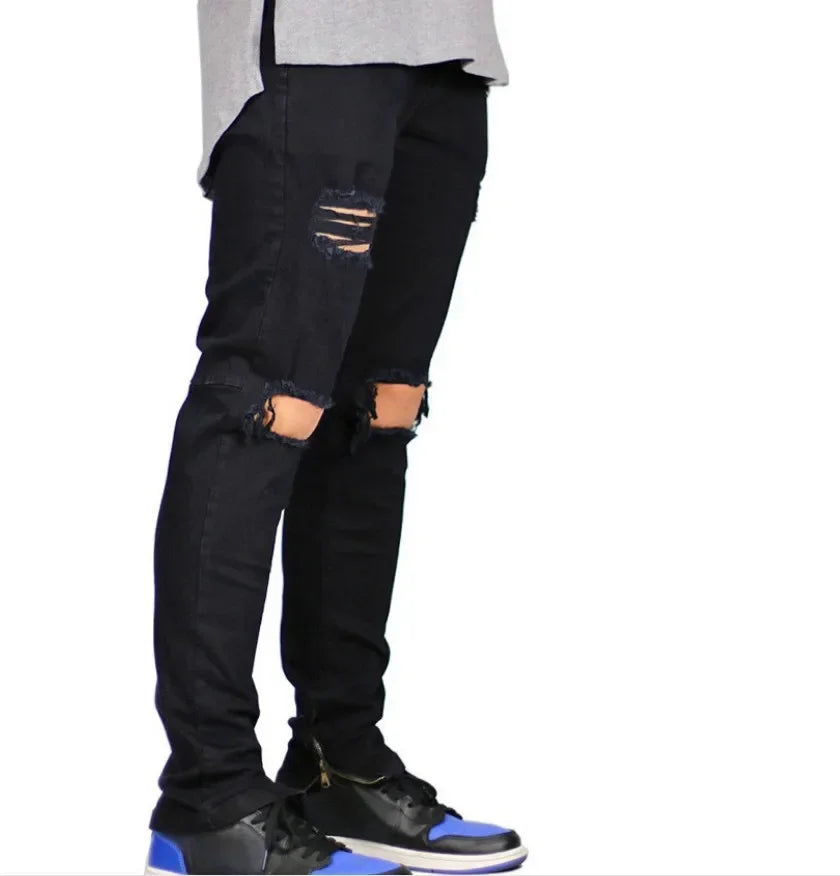 High Street Men's Fashion Ripped Jeans with Zipper At The Ankle, Slim-fit, Spring and Summer Style.