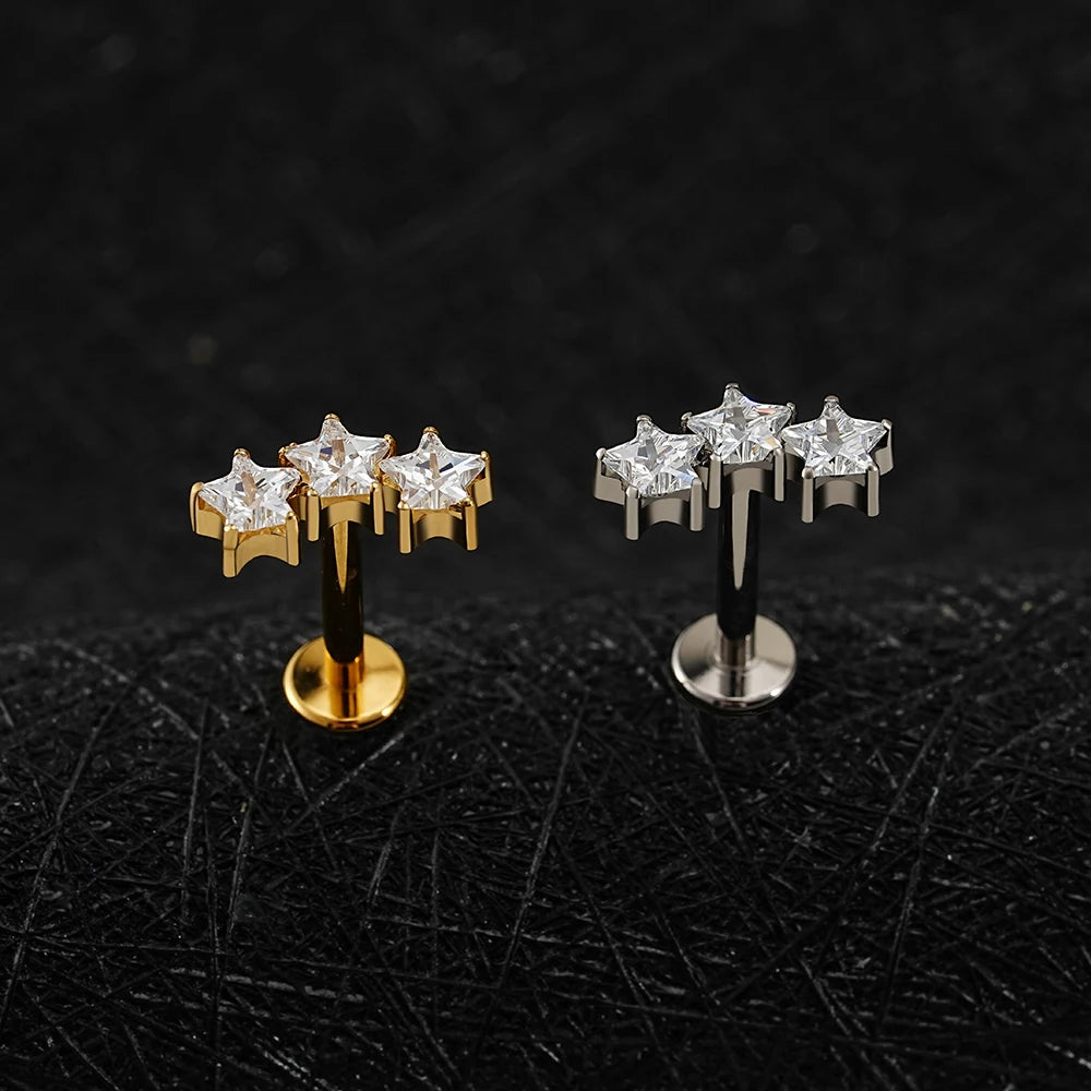 Right Grand ASTM F136 Titanium Triple Star Cluster Cartilage Earring 16G Flat Back Labret Stud Tragus Helix Piercing Jewelry