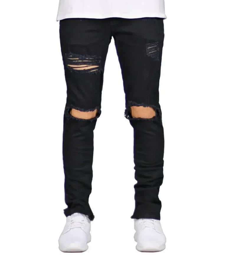 High Street Men's Fashion Ripped Jeans with Zipper At The Ankle, Slim-fit, Spring and Summer Style.