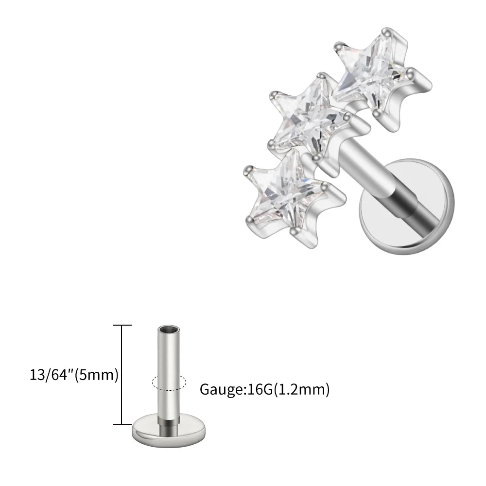 Right Grand ASTM F136 Titanium Triple Star Cluster Cartilage Earring 16G Flat Back Labret Stud Tragus Helix Piercing Jewelry