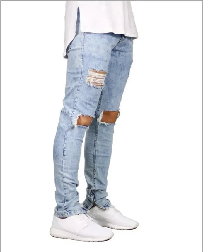High Street Men's Fashion Ripped Jeans with Zipper At The Ankle, Slim-fit, Spring and Summer Style.