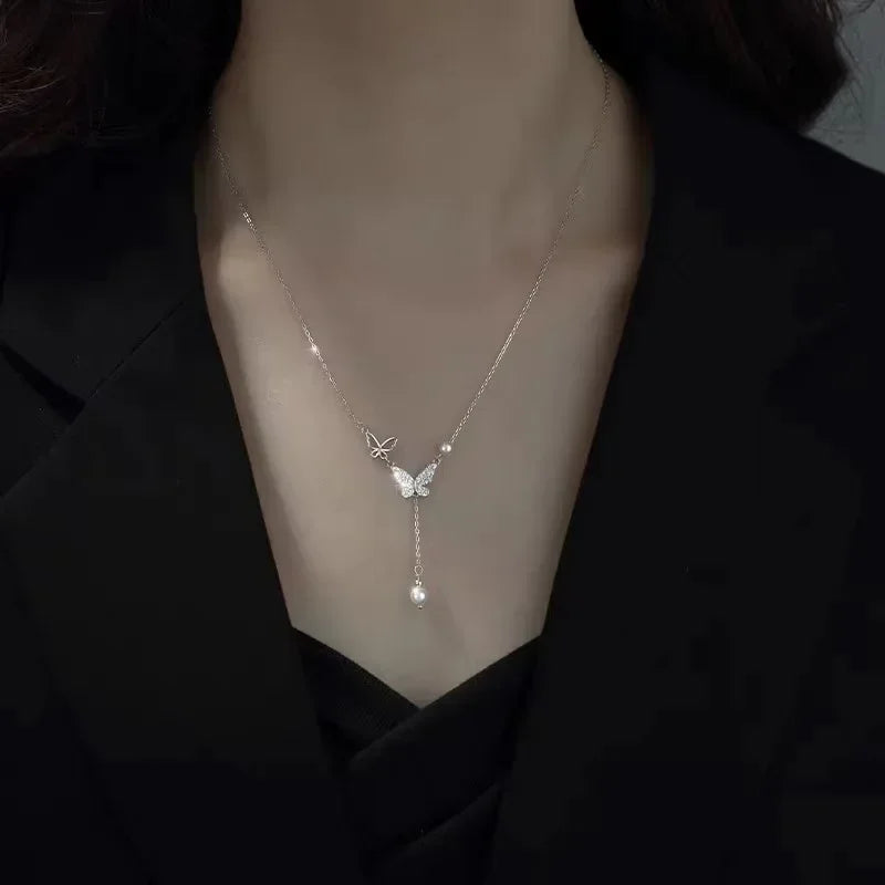 Gold Color Stainless Steel Water Drop Tassel Pendant Necklace for Women Clavicle Chain Paty Jewelry