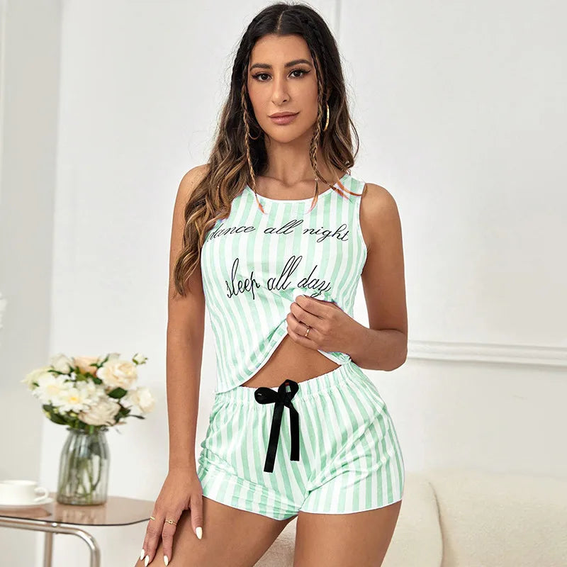 Pajamas for Women Summer Stripe Print Sleepwear Faux Cotton O-neck Pyjama Tank Top Shorts 2-piece Soft Sleeveless Home Nightwear