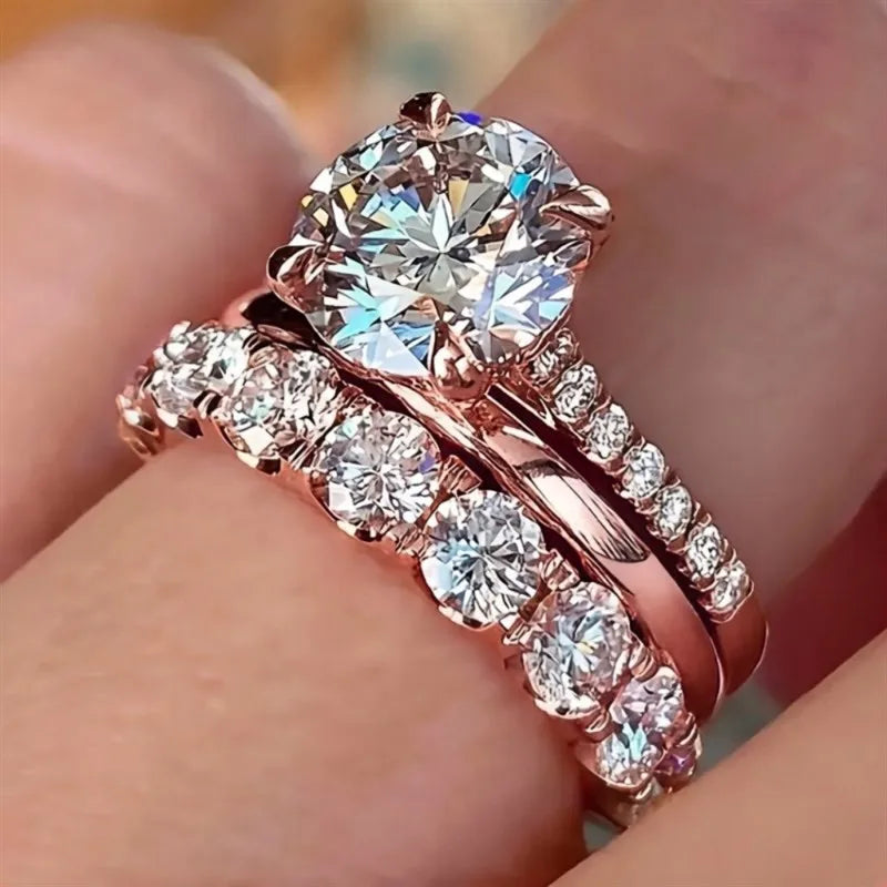 Huitan Gorgeous 3Pcs Set of Rings Female Luxury Shiny Round Zirconia Finger Jewelry