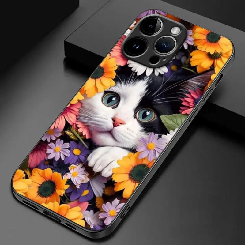 Cute Flower Cat Phone Case for iPhone 17 16 15 14 13 12 11 Pro Max Mini X XS XR 7 Plus SE4 17E Shockproof Non-Slip Cover Fundas