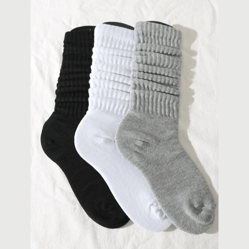 3 Pairs Women Pile Up Socks Fashionable Trendy Versatile White Solid Color
