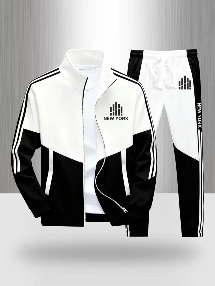 Tracksuit Men's Matching Set Sportswear Color Block Zip Up Jacket and Jogger Pants New York Print Casual Athletic 2 Piece Outfit