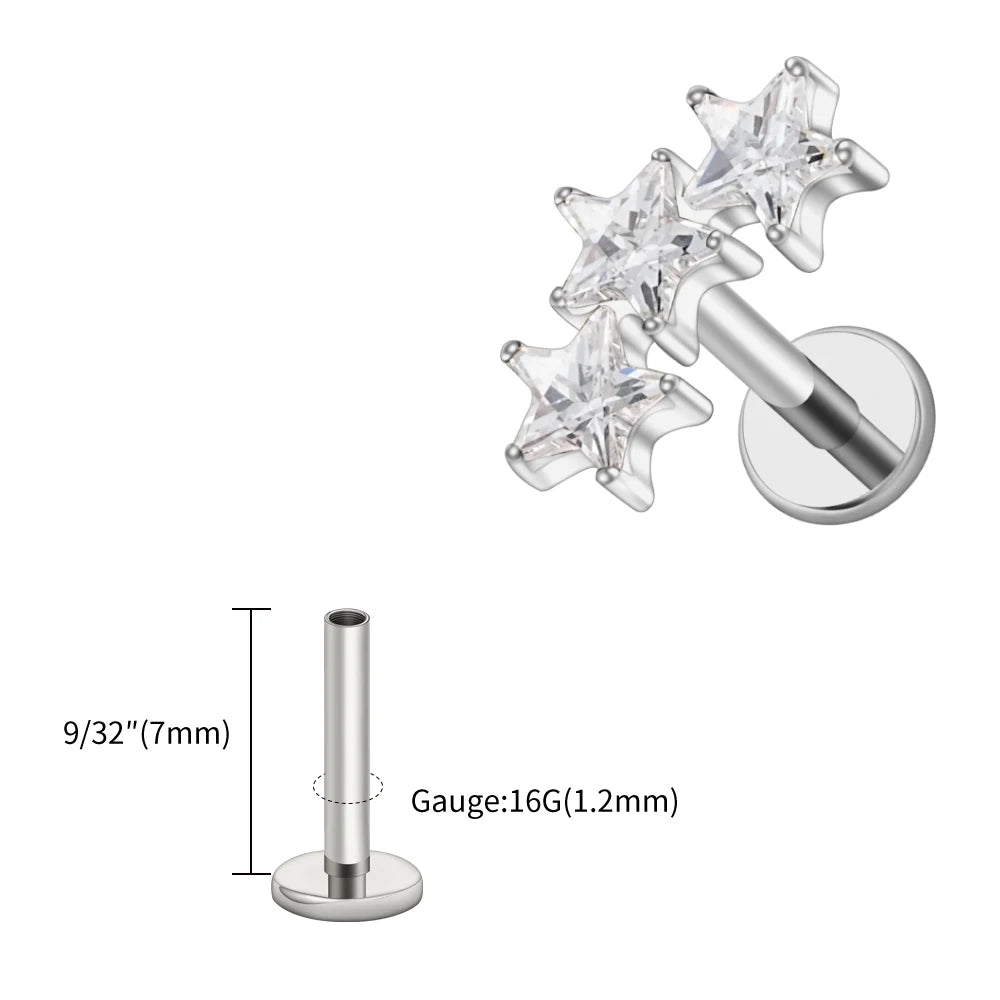 Right Grand ASTM F136 Titanium Triple Star Cluster Cartilage Earring 16G Flat Back Labret Stud Tragus Helix Piercing Jewelry