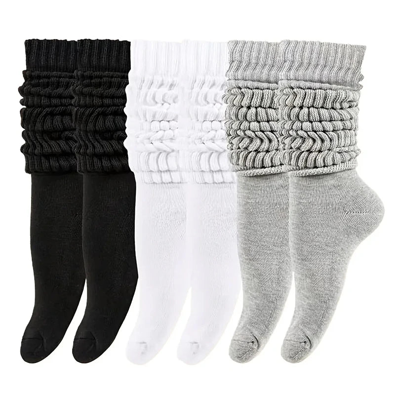 3 Pairs Women Pile Up Socks Fashionable Trendy Versatile White Solid Color