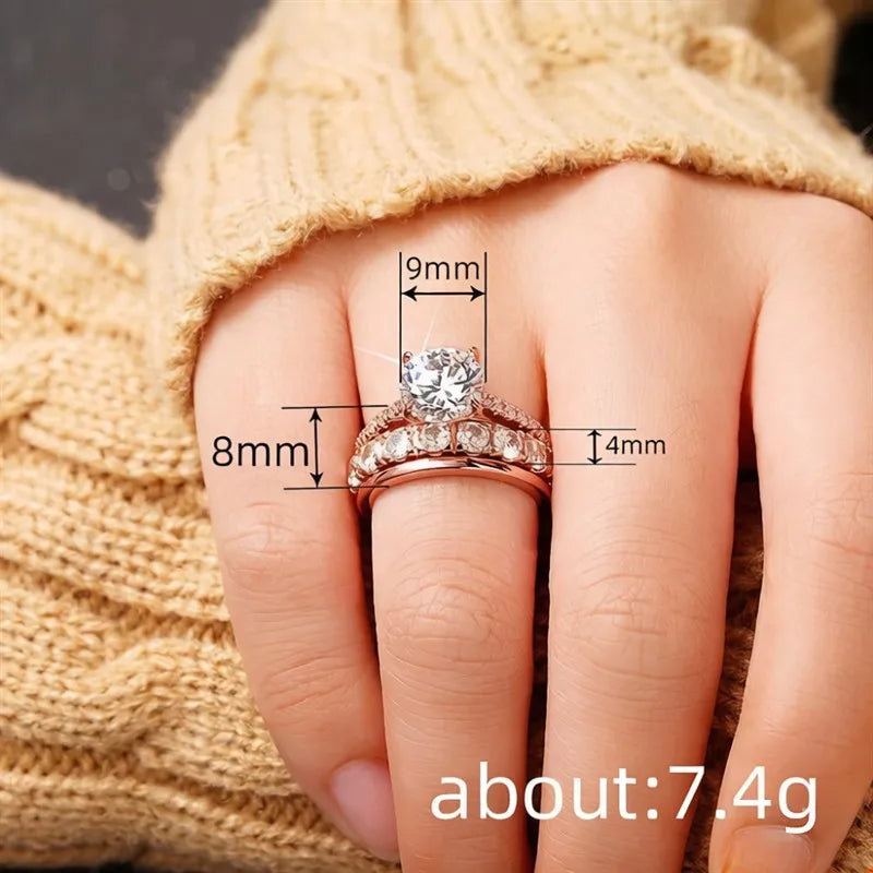 Huitan Gorgeous 3Pcs Set of Rings Female Luxury Shiny Round Zirconia Finger Jewelry