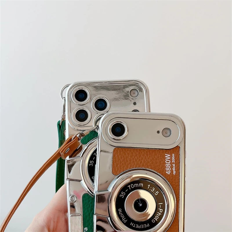 3D Vintage Camera Phone Case with Hand Strap for IPhone Air 17 16 15 14 13 12 Pro Max Plus 17Pro Shockproof Phone Leather Cover