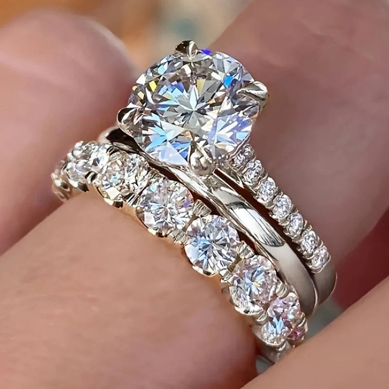 Huitan Gorgeous 3Pcs Set of Rings Female Luxury Shiny Round Zirconia Finger Jewelry