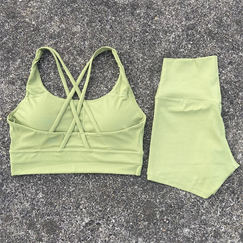 Yoga Clothes Set 2 Piece Gym Sports Shorts Set Women Cross Back Bra Top High Waist Shorts Fitness Suit Running Workout Tracksuit