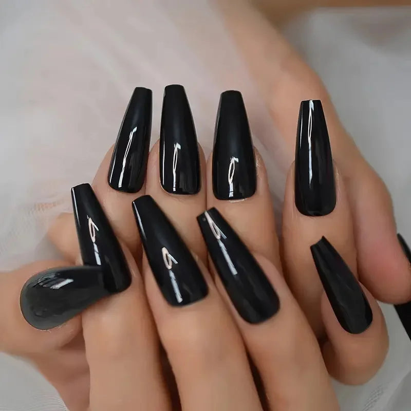 120pcs Long Coffin Black Press-On Nails Full Cover Ballet Square Shape False Nails