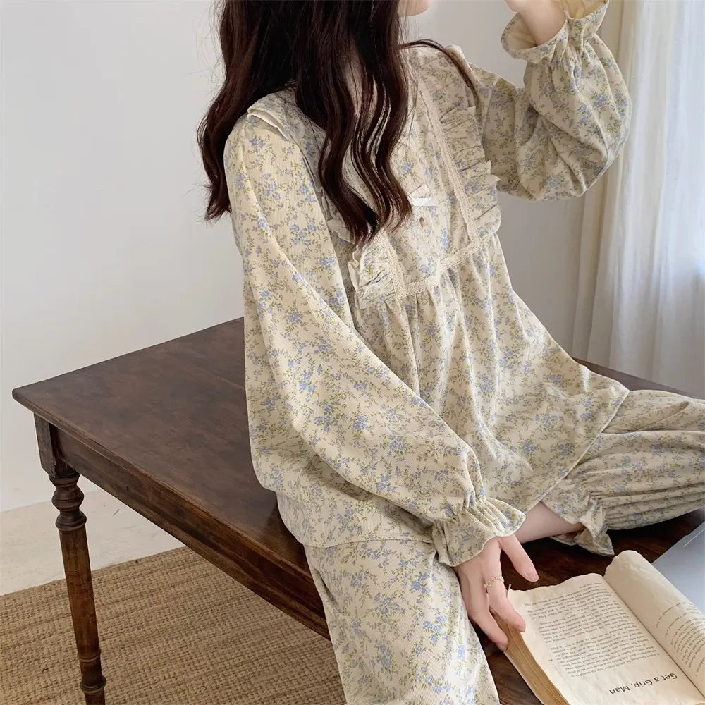 Women Plus Size Pajamas Garden Style Student Homewear Two-Piece Korean Version of the Bow Can Be Worn Outside Long-Sleeved Women