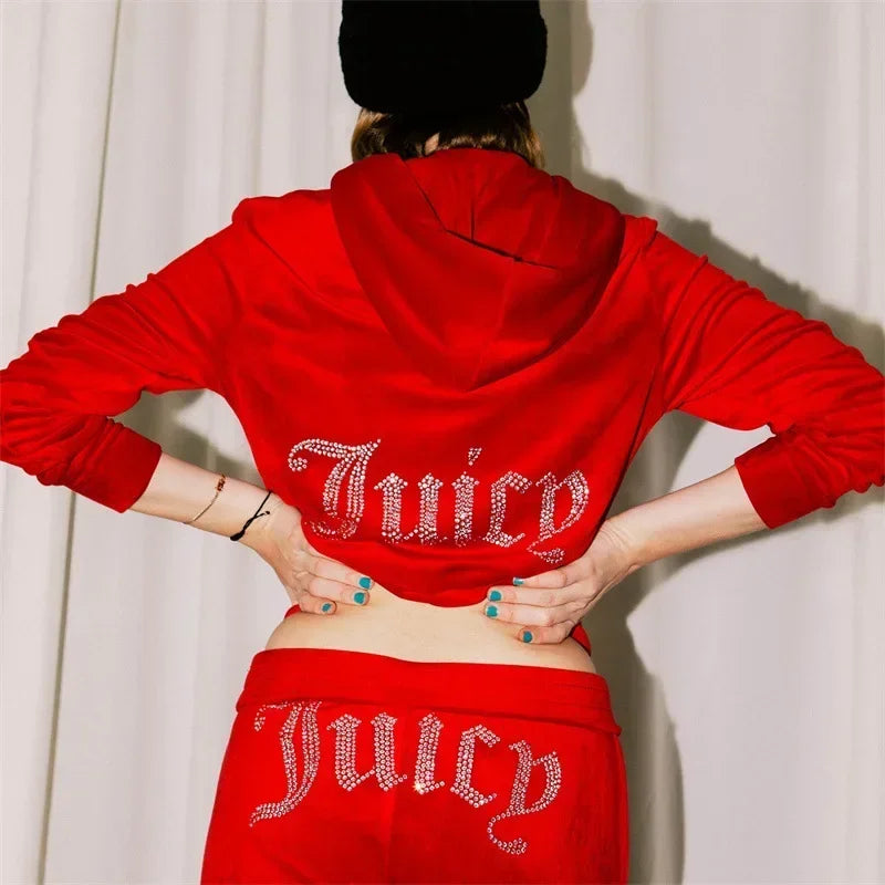 2025 New Winter Juicy Coutoure Tracksuit Women Velvet Diamond Long Sleeve Pants Hoodie Suits  Piece Set Zipper Tracksuit Cro ☆ ☆
