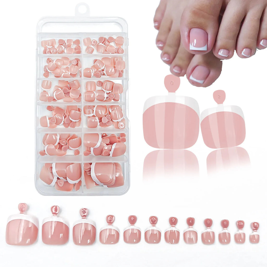 120Pcs Glossy Nude Pink French Press-On-Toenail Set