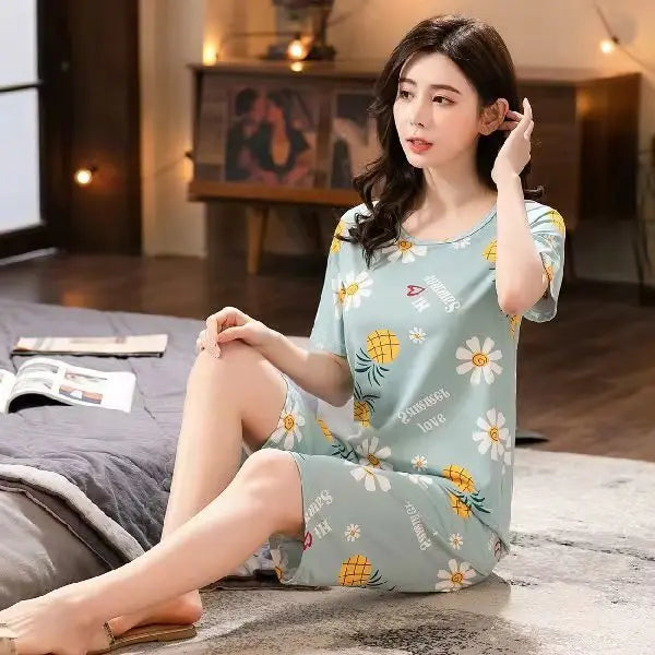 Pajamas Female Summer Short-Sleeved Seven Trousers Home Wear Summer Thin Korean Version Can Go out and Leisure Two-Piece Suit
