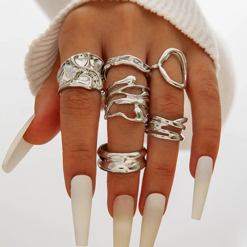 Tocona Fashion Elegant Circle Geometry Opening Joint Rings Set for Women Men Trendy Alloy Heavy Metal Party Wedding Jewelry