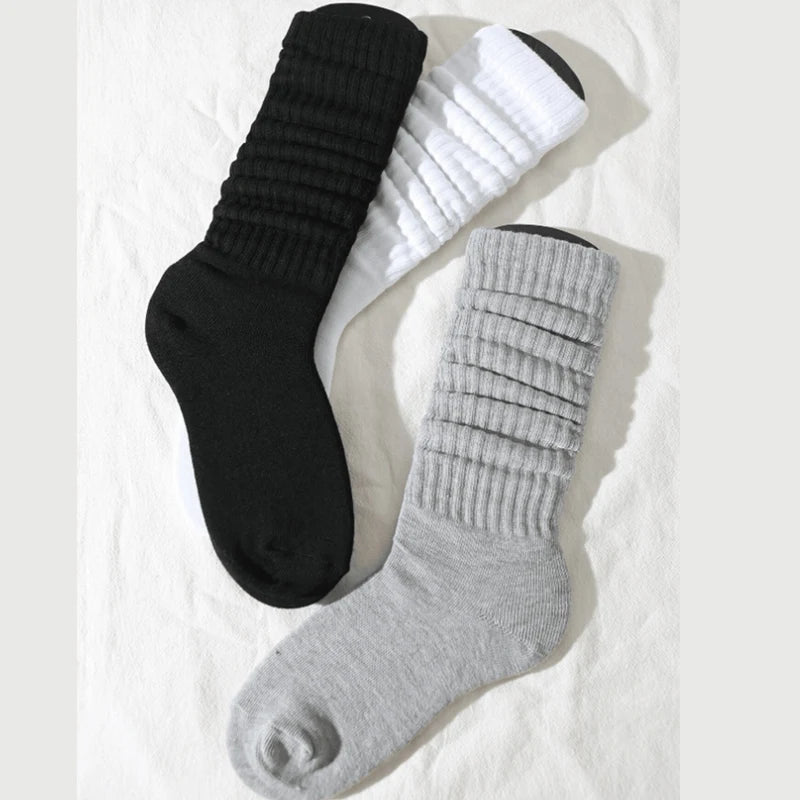 3 Pairs Women Pile Up Socks Fashionable Trendy Versatile White Solid Color
