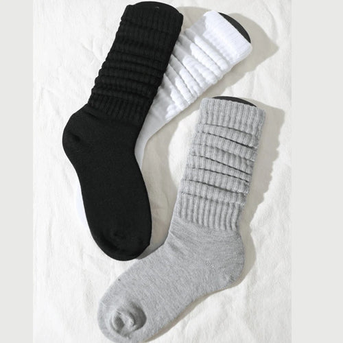 3 Pairs Women Pile Up Socks Fashionable Trendy Versatile White Solid Color