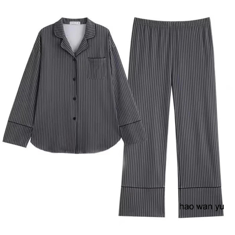 Pajamas for Women in Spring and Autumn Long Sleeved Striped Thin Design Can Be Worn Externally Student Sleepwear Two Piece Set