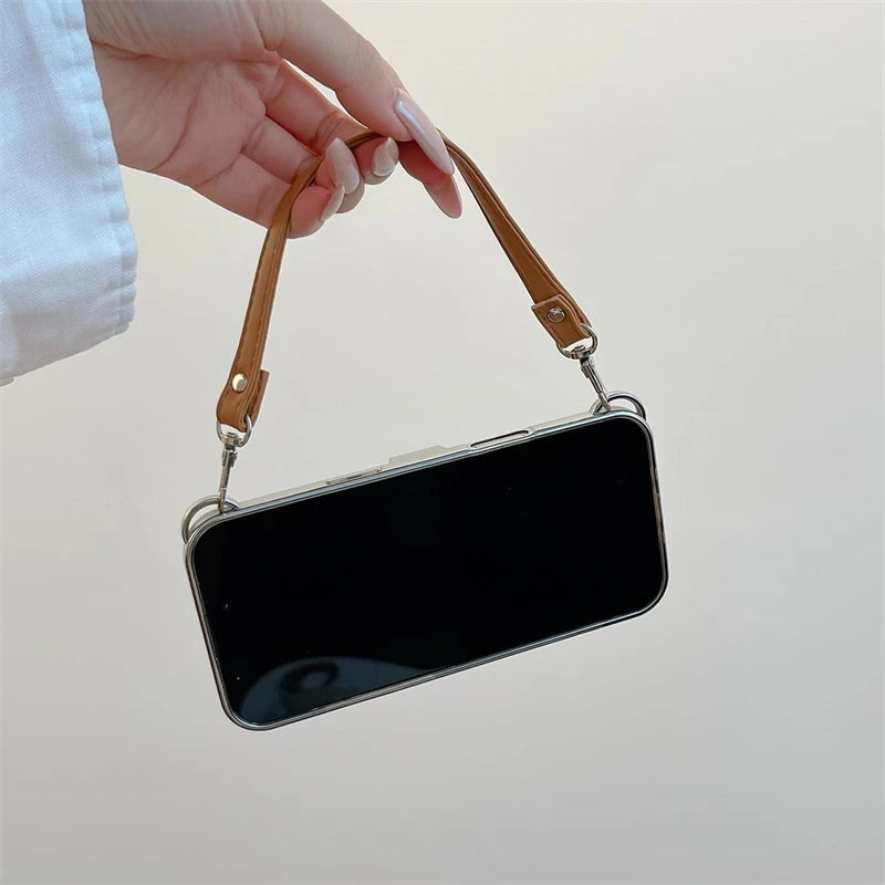 3D Vintage Camera Phone Case with Hand Strap for IPhone Air 17 16 15 14 13 12 Pro Max Plus 17Pro Shockproof Phone Leather Cover