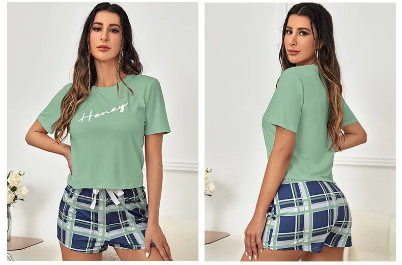 New Women's 2 Piece Pajamas Sets Letter Short Sleeve Pullover Tops and Drawstring Plaid Shorts Casual T Shirt Loungewear Pjs Set