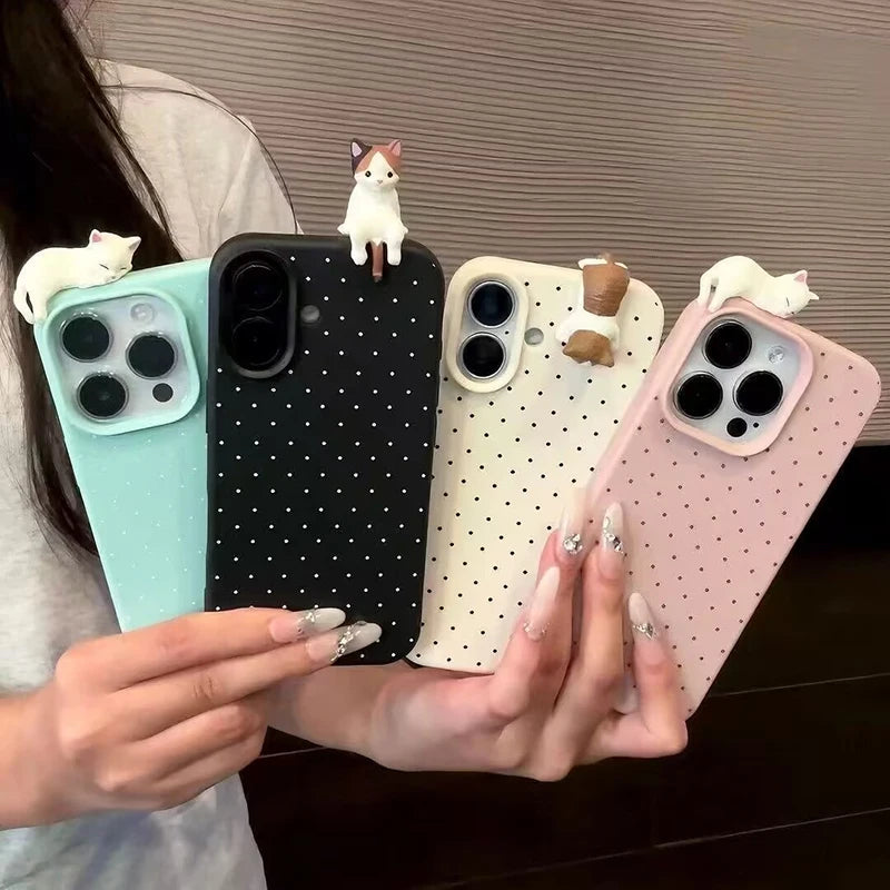 Korea Lovely Polka Dot Pattern Phone Case For iPhone 18 17 16 15 14 13 12 11 Pro Max Plus X Cute 3D Cartoon Cat Shockproof Cover