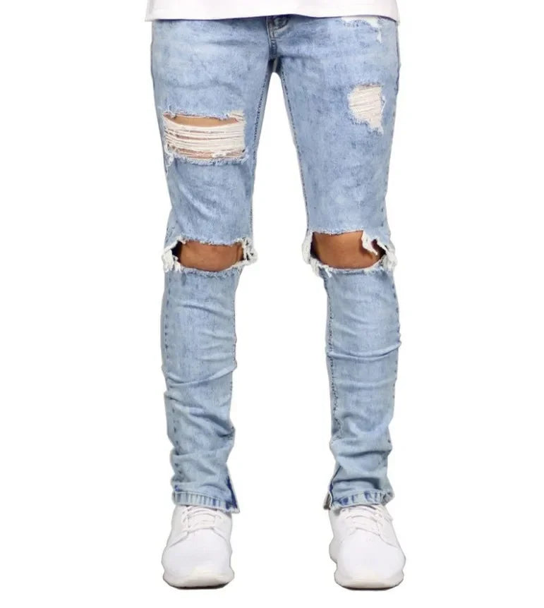 High Street Men's Fashion Ripped Jeans with Zipper At The Ankle, Slim-fit, Spring and Summer Style.