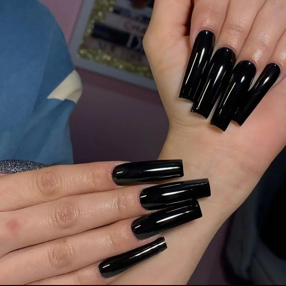 120pcs Long Coffin Black Press-On Nails Full Cover Ballet Square Shape False Nails