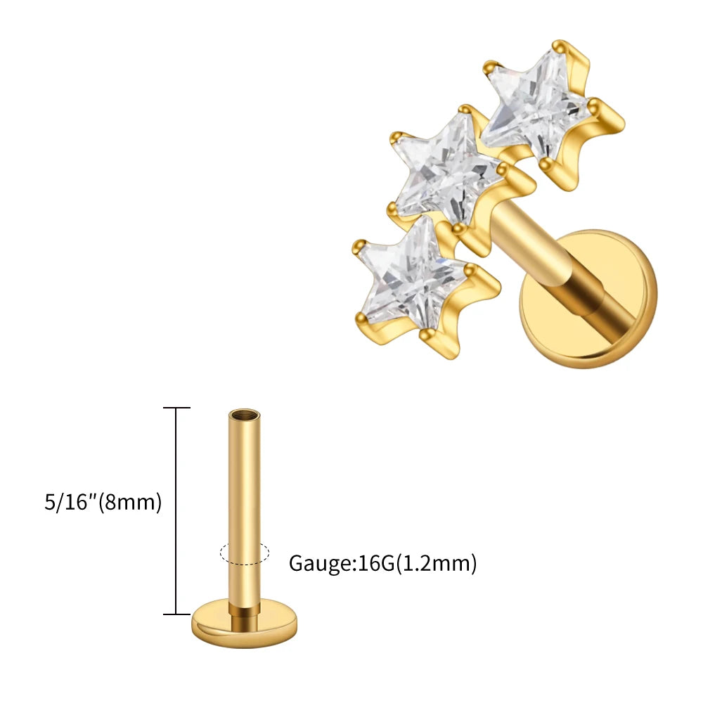 Right Grand ASTM F136 Titanium Triple Star Cluster Cartilage Earring 16G Flat Back Labret Stud Tragus Helix Piercing Jewelry