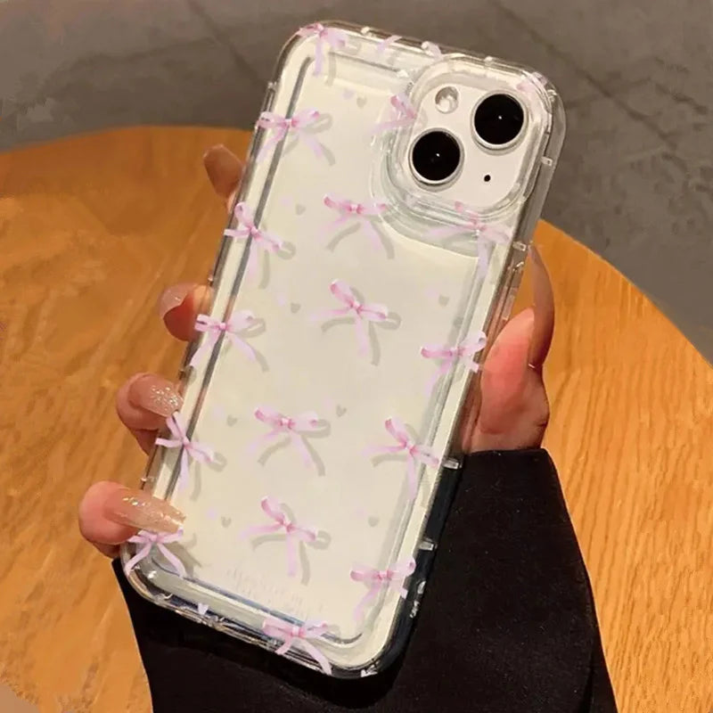 Cute Pink Heart Bow Phone Case for IPhone 18 17 16 15 14 13 12 11 Pro Max 13 12 Mini 17Air 16e Shockproof Soft Clear Cases Coque