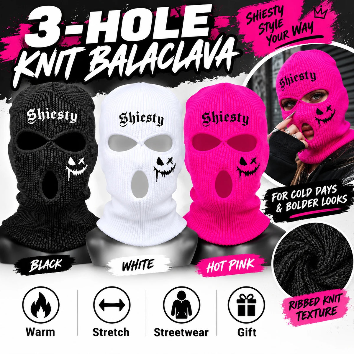 Shiesty Knit Ski Mask 3 Hole Balaclava,Warm Ribbed Winter Face Cover With Ghost Print, Soft Stretch Full Face Mask For Skiing