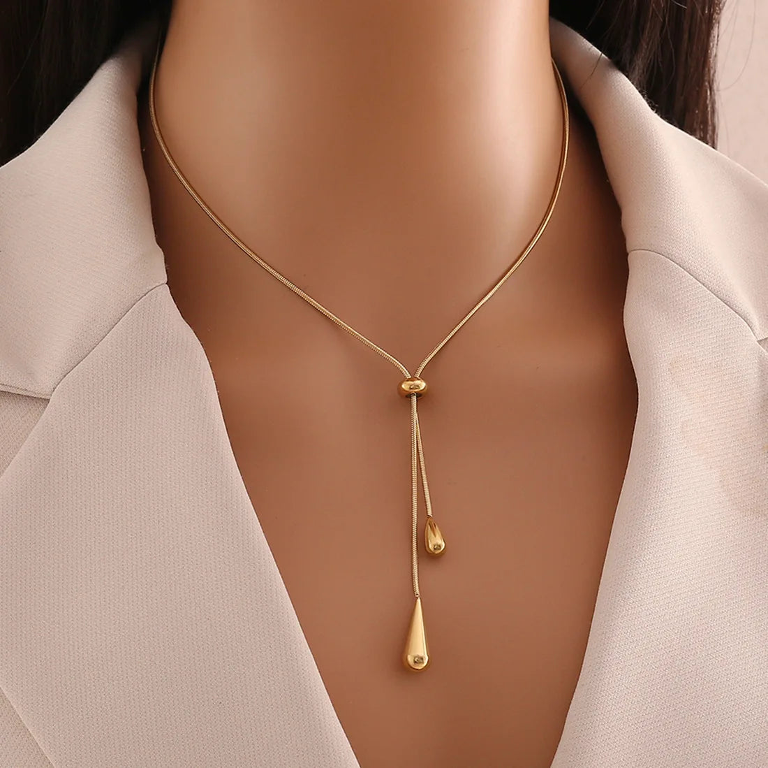 Gold Color Stainless Steel Water Drop Tassel Pendant Necklace for Women Clavicle Chain Paty Jewelry