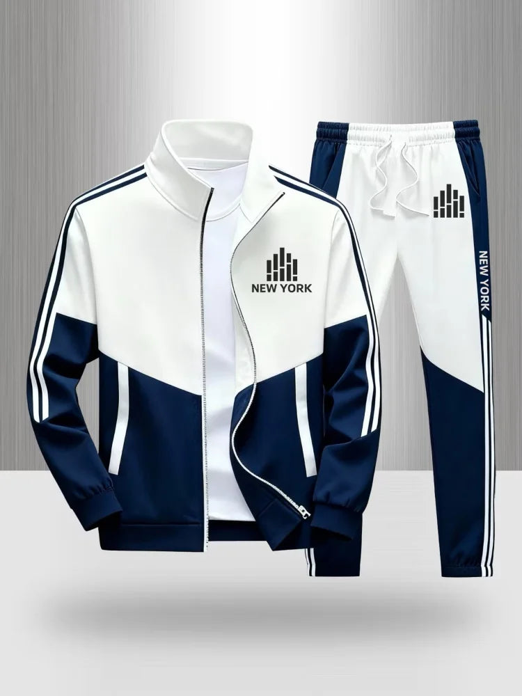 Tracksuit Men's Matching Set Sportswear Color Block Zip Up Jacket and Jogger Pants New York Print Casual Athletic 2 Piece Outfit
