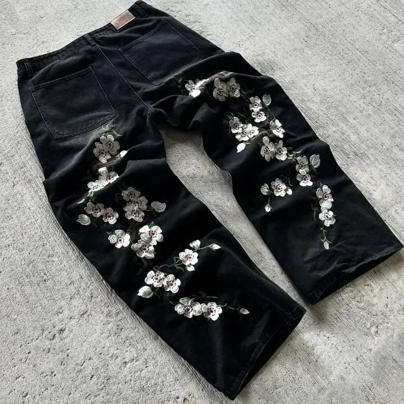 2025 autumn new European and American jeans embroidered pattern loose and personalized street Harajuku straight trousers