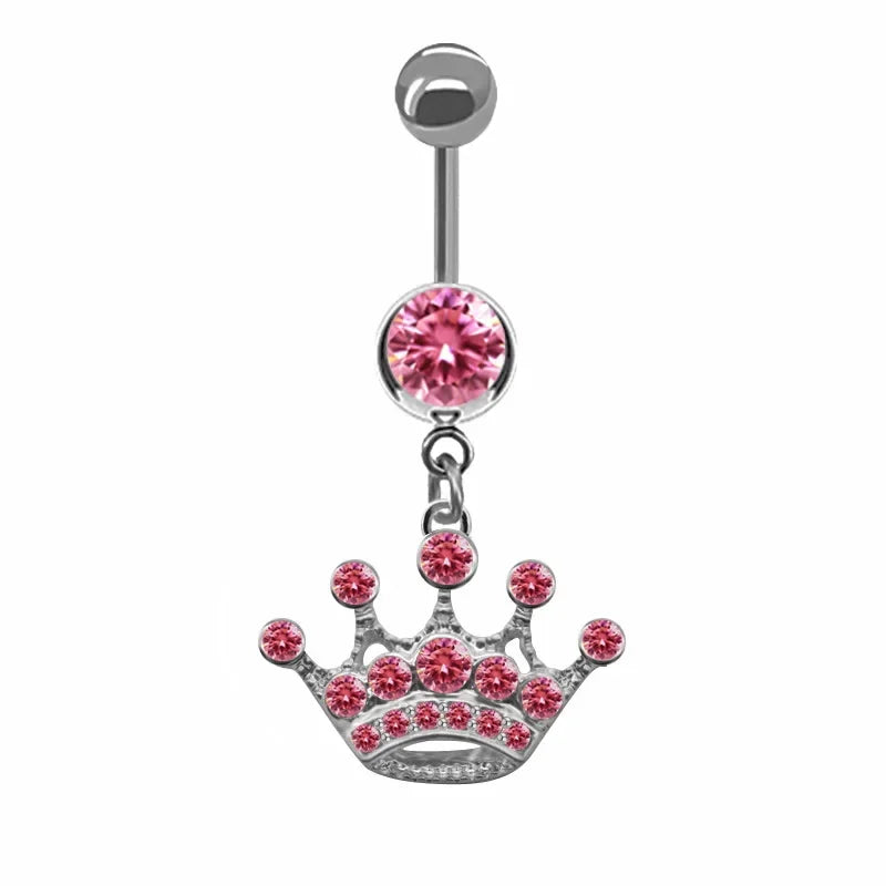 Sweet Butterfly Crown Heart Drop Belly Button Pink White Crystal Stone Hellokitty Dangle Navel Button Women's Piercing Jewelry