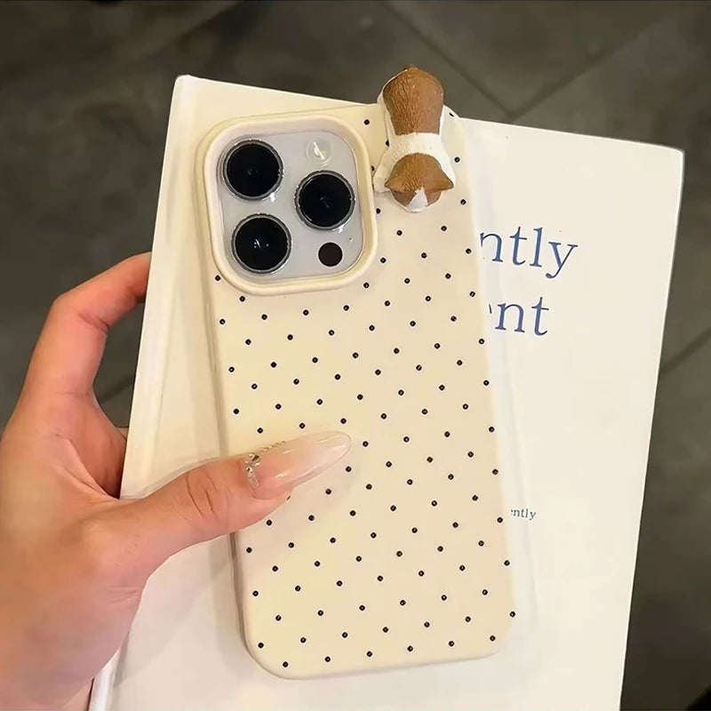 Korea Lovely Polka Dot Pattern Phone Case For iPhone 18 17 16 15 14 13 12 11 Pro Max Plus X Cute 3D Cartoon Cat Shockproof Cover