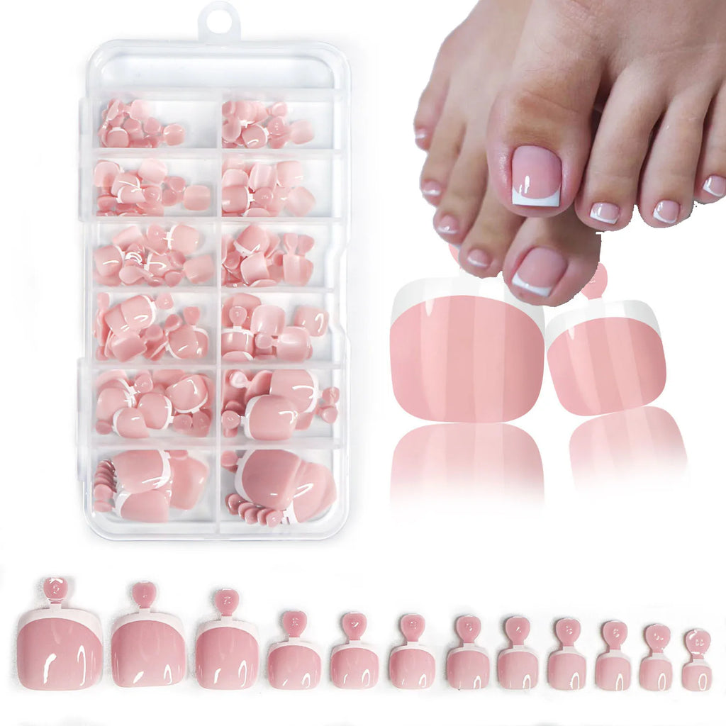 120Pcs Glossy Nude Pink French Press-On-Toenail Set