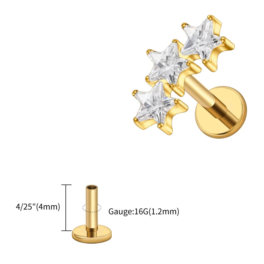 Right Grand ASTM F136 Titanium Triple Star Cluster Cartilage Earring 16G Flat Back Labret Stud Tragus Helix Piercing Jewelry