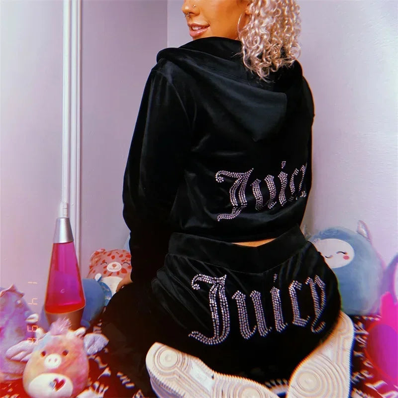 2025 New Winter Juicy Coutoure Tracksuit Women Velvet Diamond Long Sleeve Pants Hoodie Suits  Piece Set Zipper Tracksuit Cro ☆ ☆