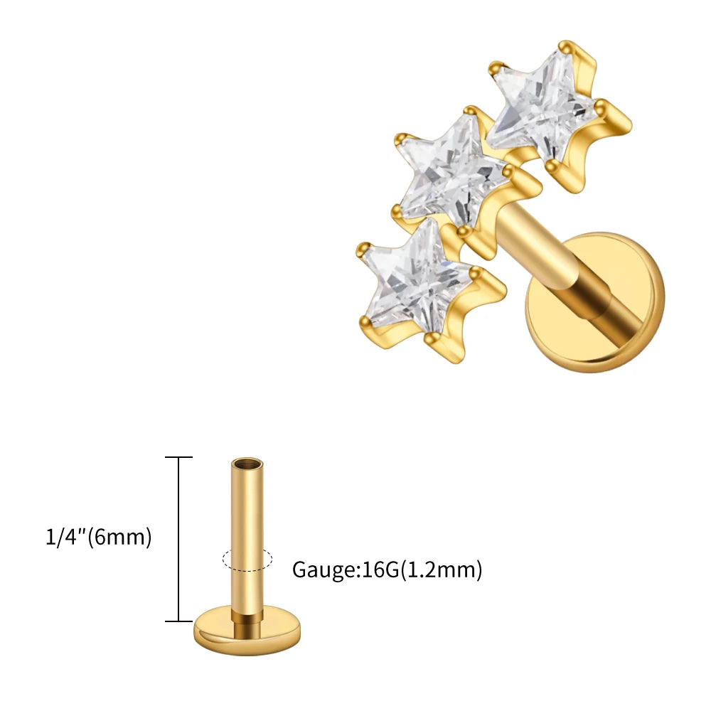 Right Grand ASTM F136 Titanium Triple Star Cluster Cartilage Earring 16G Flat Back Labret Stud Tragus Helix Piercing Jewelry