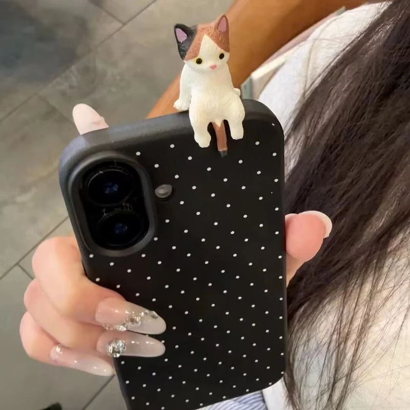 Korea Lovely Polka Dot Pattern Phone Case For iPhone 18 17 16 15 14 13 12 11 Pro Max Plus X Cute 3D Cartoon Cat Shockproof Cover