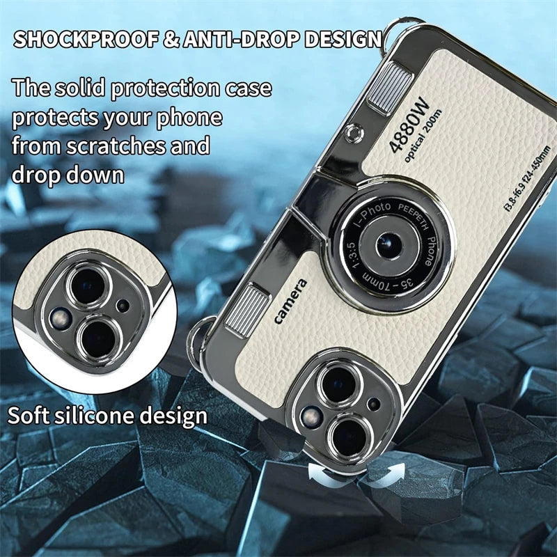 3D Vintage Camera Phone Case with Hand Strap for IPhone Air 17 16 15 14 13 12 Pro Max Plus 17Pro Shockproof Phone Leather Cover