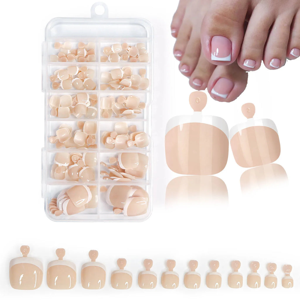 120Pcs Glossy Nude Pink French Press-On-Toenail Set